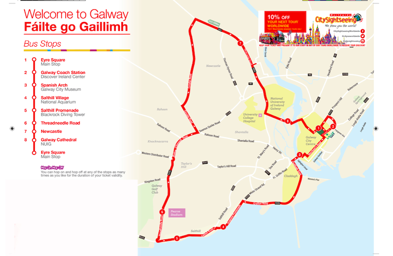 Mapa de paradas do ônibus turístico de Galway